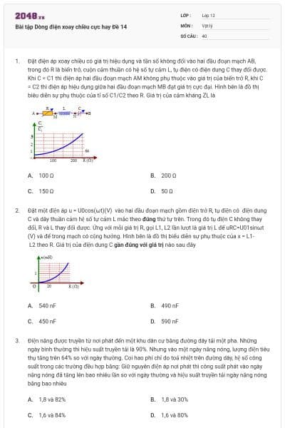 Bài tập Dòng điện xoay chiều cực hay Đề 14