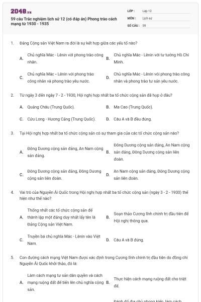 59 câu Trắc nghiệm lịch sử 12 (có đáp án) Phong trào cách mạng từ 1930 - 1935