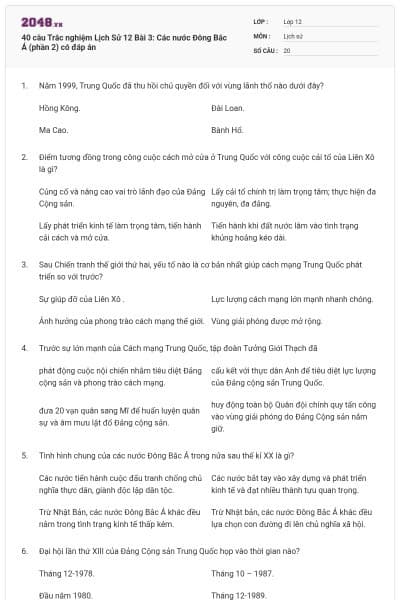 40 câu Trắc nghiệm Lịch Sử 12 Bài 3: Các nước Đông Bắc Á (phần 2) có đáp án
