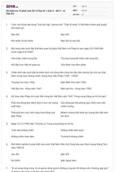 Đề kiểm tra 15 phút Lịch Sử 12 Học kì 1 (Lần 2 - Đề 3 - có đáp án)