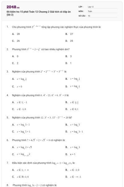 Đề kiểm tra 15 phút Toán 12 Chương 2 Giải tích có đáp án (Đề 3)