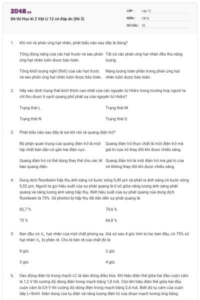 Đề thi Học kì 2 Vật Lí 12 có đáp án (Đề 3)