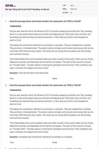 Bài tập Tiếng Anh 8 mới Unit 9 Reading có đáp án