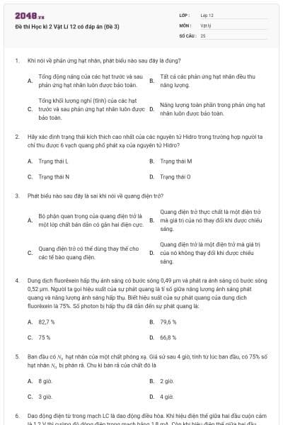 Đề thi Học kì 2 Vật Lí 12 có đáp án (Đề 3)