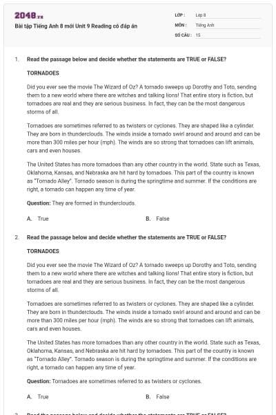 Bài tập Tiếng Anh 8 mới Unit 9 Reading có đáp án