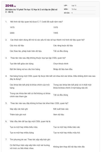 Đề kiểm tra 15 phút Tin học 12 Học kì 2 có đáp án (Bài số 2 - Đề 4)