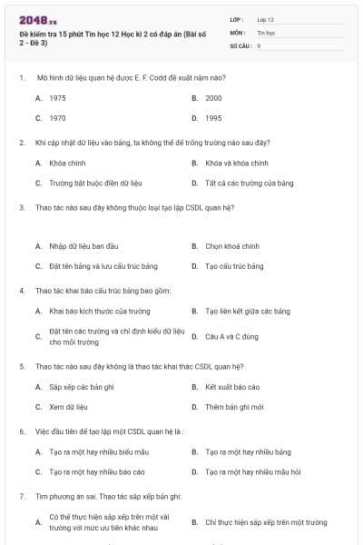 Đề kiểm tra 15 phút Tin học 12 Học kì 2 có đáp án (Bài số 2 - Đề 3)