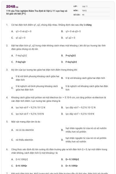 119 câu Trắc nghiệm Kiểm Tra định kì Vật Lí 11 cực hay có lời giải chi tiết (P1)