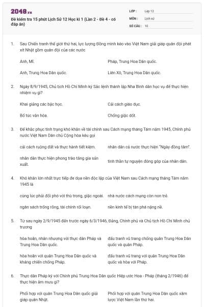 Đề kiểm tra 15 phút Lịch Sử 12 Học kì 1 (Lần 2 - Đề 4 - có đáp án)