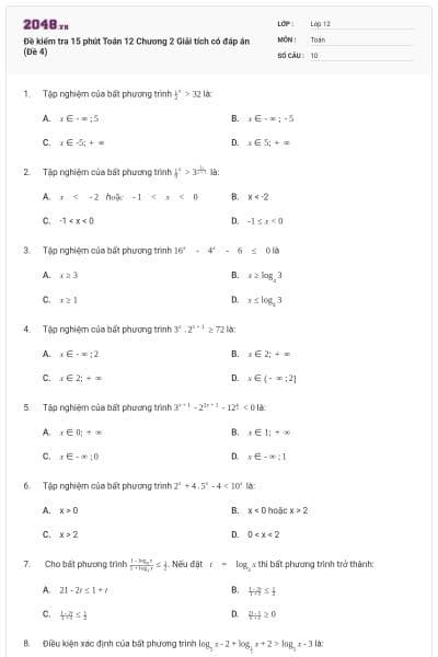 Đề kiểm tra 15 phút Toán 12 Chương 2 Giải tích có đáp án (Đề 4)