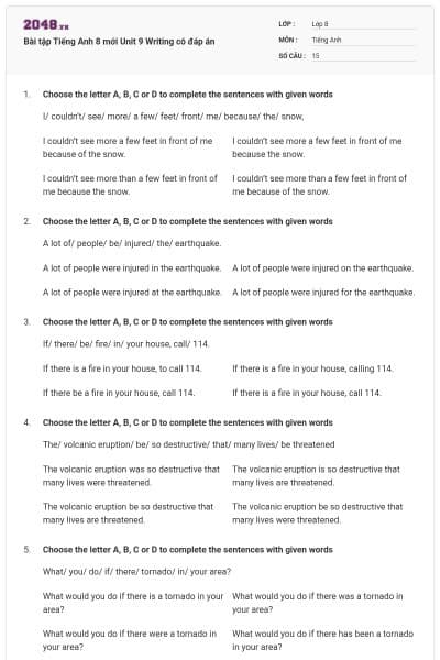 Bài tập Tiếng Anh 8 mới Unit 9 Writing có đáp án