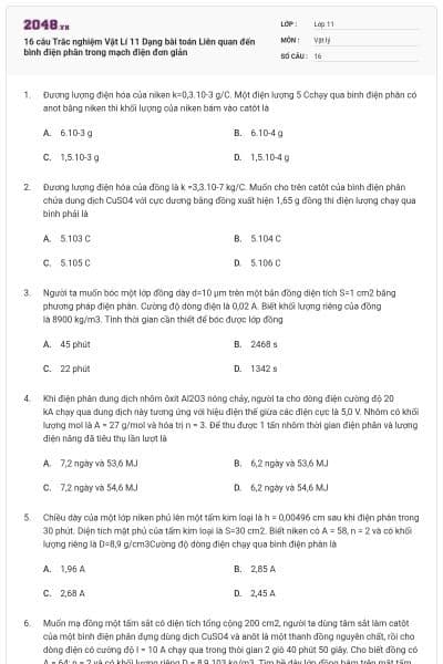 16 câu Trắc nghiệm Vật Lí 11 Dạng bài toán Liên quan đến bình điện phân trong mạch điện đơn giản