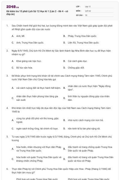 Đề kiểm tra 15 phút Lịch Sử 12 Học kì 1 (Lần 2 - Đề 4 - có đáp án)