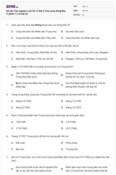 40 câu Trắc nghiệm Lịch Sử 12 Bài 3: Các nước Đông Bắc Á (phần 1) có đáp án