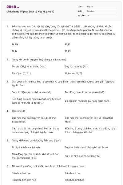Đề kiểm tra 15 phút Sinh 12 Học kì 2 (Đề 1)