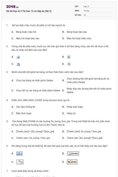 Đề thi Học kì 2 Tin học 12 có đáp án (Đề 2)