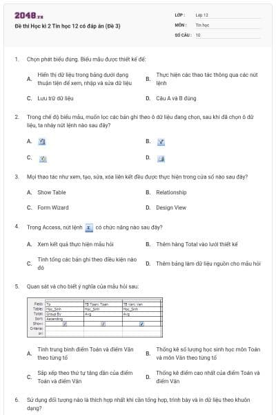 Đề thi Học kì 2 Tin học 12 có đáp án (Đề 3)