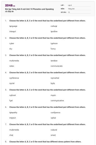Bài tập Tiếng Anh 8 mới Unit 10 Phonetics and Speaking có đáp án