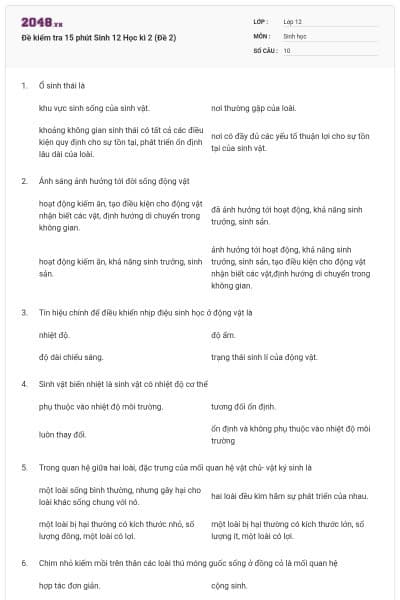 Đề kiểm tra 15 phút Sinh 12 Học kì 2 (Đề 2)