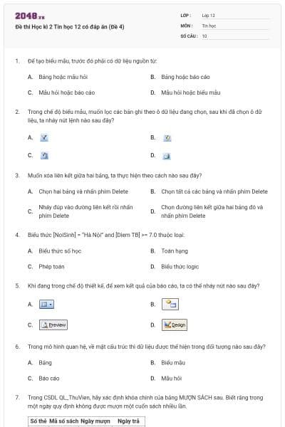 Đề thi Học kì 2 Tin học 12 có đáp án (Đề 4)