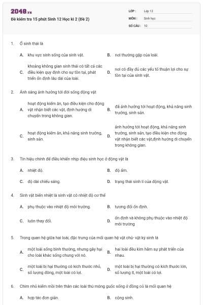 Đề kiểm tra 15 phút Sinh 12 Học kì 2 (Đề 2)