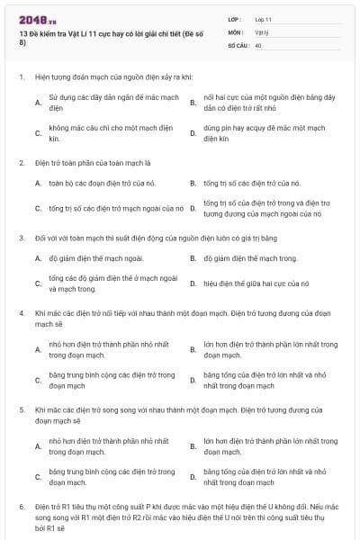 13 Đề kiểm tra Vật Lí 11 cực hay có lời giải chi tiết (Đề số 8)