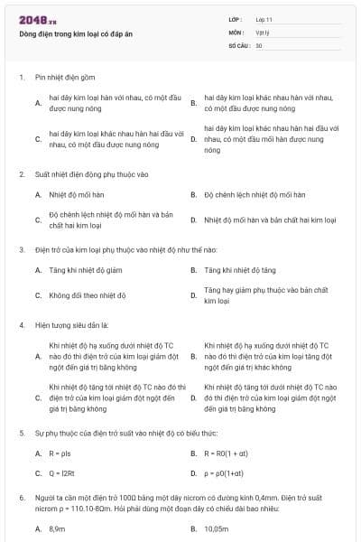 Dòng điện trong kim loại có đáp án