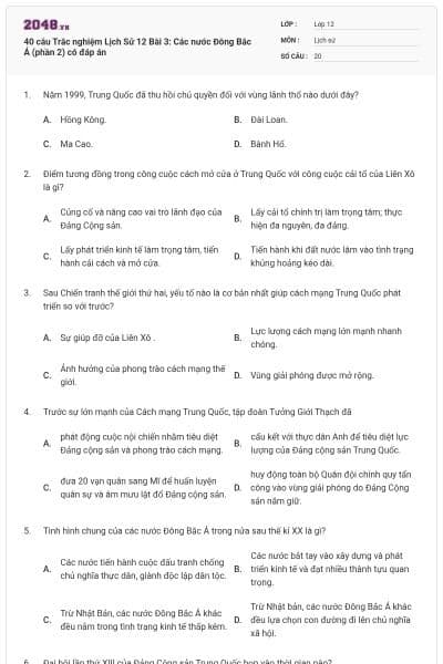 40 câu Trắc nghiệm Lịch Sử 12 Bài 3: Các nước Đông Bắc Á (phần 2) có đáp án