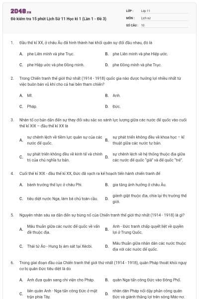Đề kiểm tra 15 phút Lịch Sử 11 Học kì 1 (Lần 1 - Đề 3)