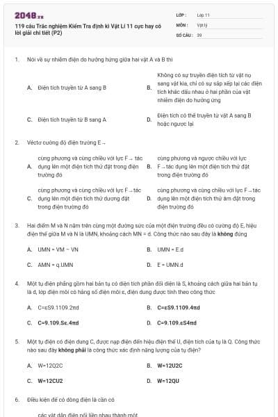 119 câu Trắc nghiệm Kiểm Tra định kì Vật Lí 11 cực hay có lời giải chi tiết (P2)