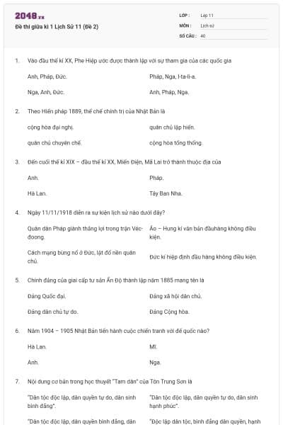 Đề thi giữa kì 1 Lịch Sử 11 (Đề 2)