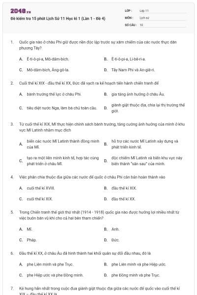 Đề kiểm tra 15 phút Lịch Sử 11 Học kì 1 (Lần 1 - Đề 4)
