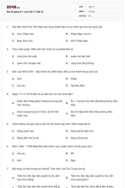 Đề thi giữa kì 1 Lịch Sử 11 (Đề 2)