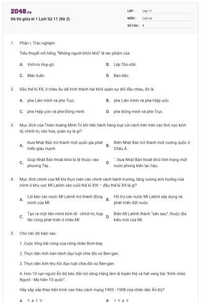 Đề thi giữa kì 1 Lịch Sử 11 (Đề 3)