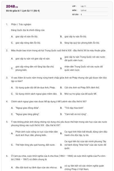 Đề thi giữa kì 1 Lịch Sử 11 (Đề 4)