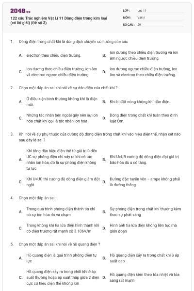 122 câu  Trắc nghiệm Vật Lí 11 Dòng điện trong kim loại (có lời giải) (Đề số 3)
