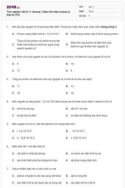 Trắc nghiệm Vật lý 11 chương 1 Điện tích điện trường có đáp án (P2)