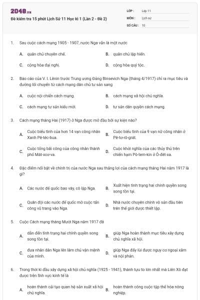Đề kiểm tra 15 phút Lịch Sử 11 Học kì 1 (Lần 2 - Đề 2)