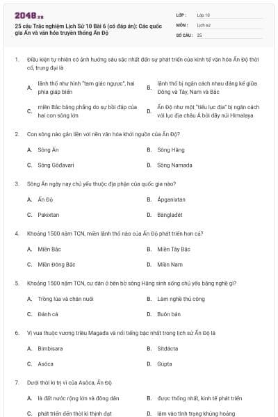 25 câu Trắc nghiệm Lịch Sử 10 Bài 6 (có đáp án): Các quốc gia Ấn và văn hóa truyền thống Ấn Độ