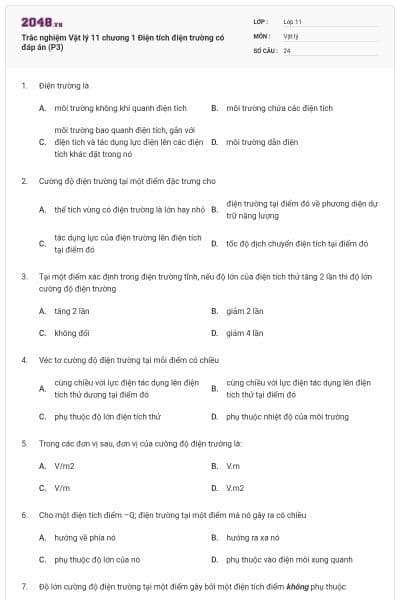 Trắc nghiệm Vật lý 11 chương 1 Điện tích điện trường có đáp án (P3)