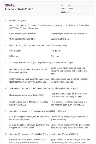 Đề thi Học kì 1 Lịch Sử 11 (Đề 4)