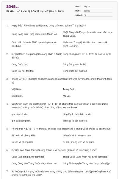 Đề kiểm tra 15 phút Lịch Sử 11 Học kì 2 (Lần 1 - Đề 1)