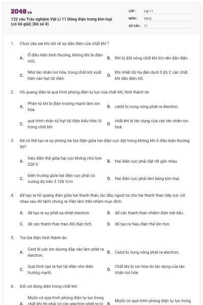 122 câu  Trắc nghiệm Vật Lí 11 Dòng điện trong kim loại (có lời giải) (Đề số 4)