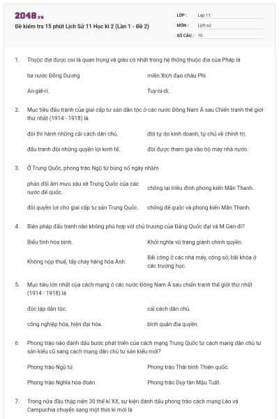 Đề kiểm tra 15 phút Lịch Sử 11 Học kì 2 (Lần 1 - Đề 2)