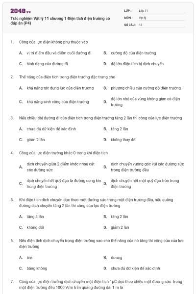 Trắc nghiệm Vật lý 11 chương 1 Điện tích điện trường có đáp án (P4)