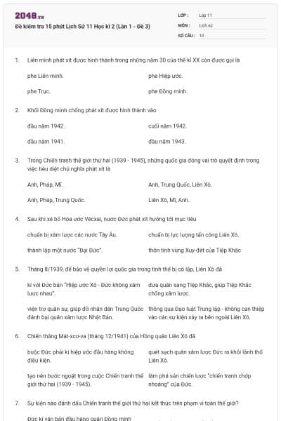 Đề kiểm tra 15 phút Lịch Sử 11 Học kì 2 (Lần 1 - Đề 3)