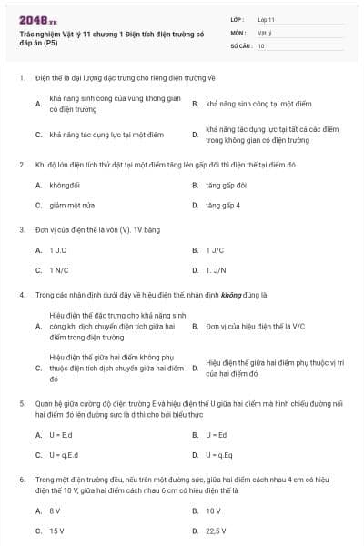 Trắc nghiệm Vật lý 11 chương 1 Điện tích điện trường có đáp án (P5)