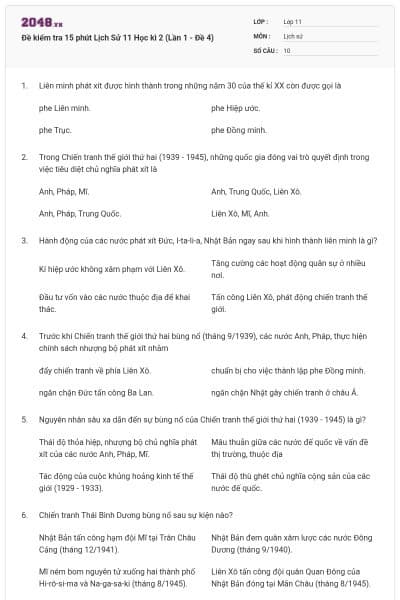Đề kiểm tra 15 phút Lịch Sử 11 Học kì 2 (Lần 1 - Đề 4)