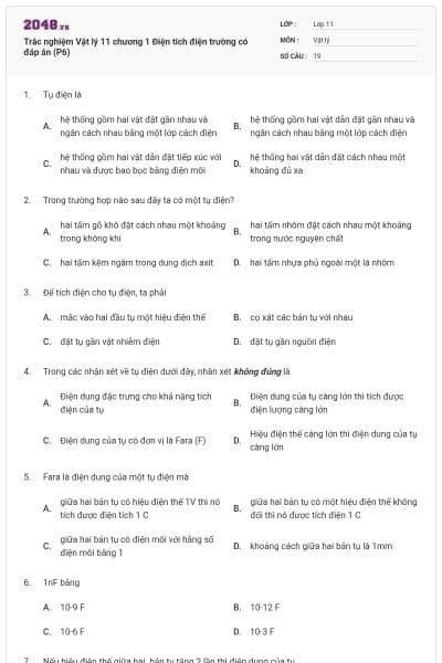 Trắc nghiệm Vật lý 11 chương 1 Điện tích điện trường có đáp án (P6)