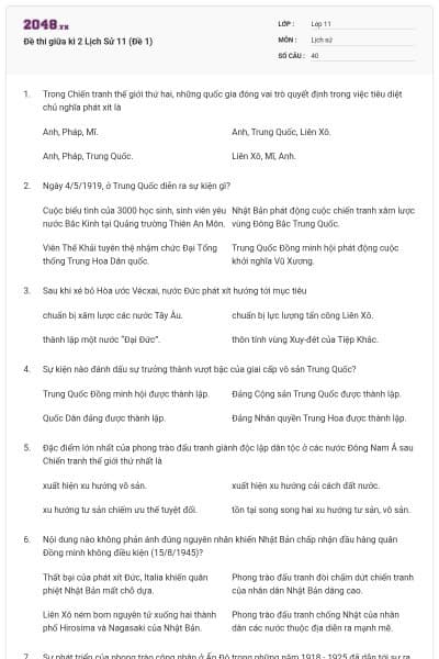 Đề thi giữa kì 2 Lịch Sử 11 (Đề 1)